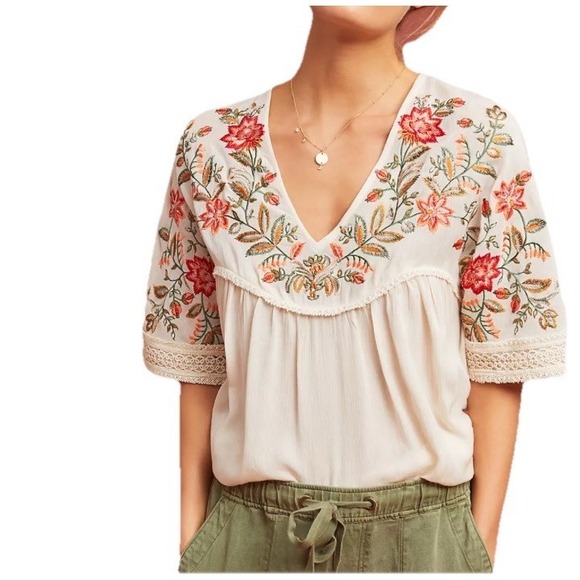 Ranna Gill Tops - Ranna Gill Anthropologie Floral Embroidered V-Neck Blouse Bohemian Cream Large